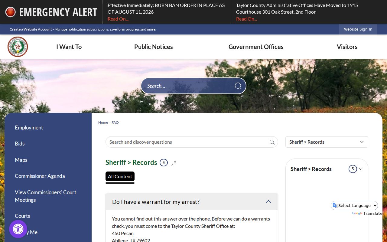 Taylor County warrant check guidance from the sheriff FAQ