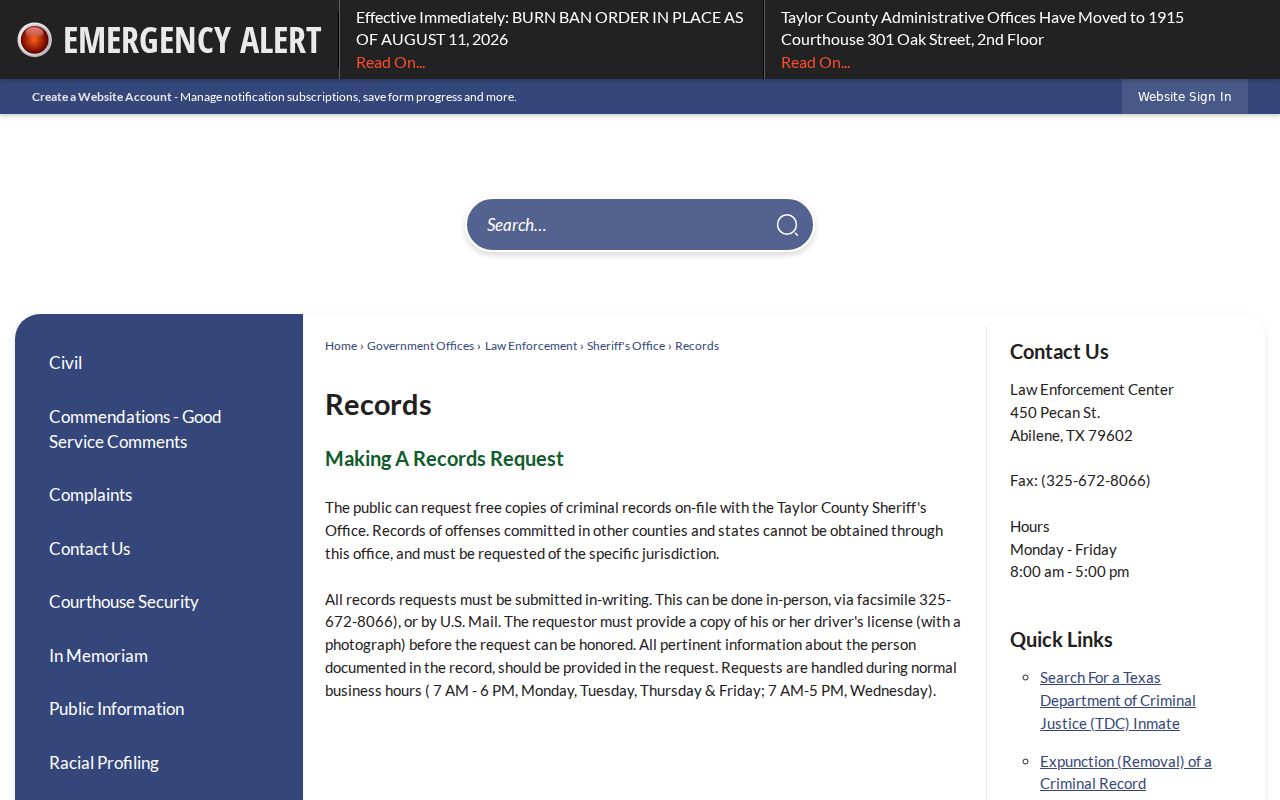 Taylor County warrant records request channels at the sheriff Records desk